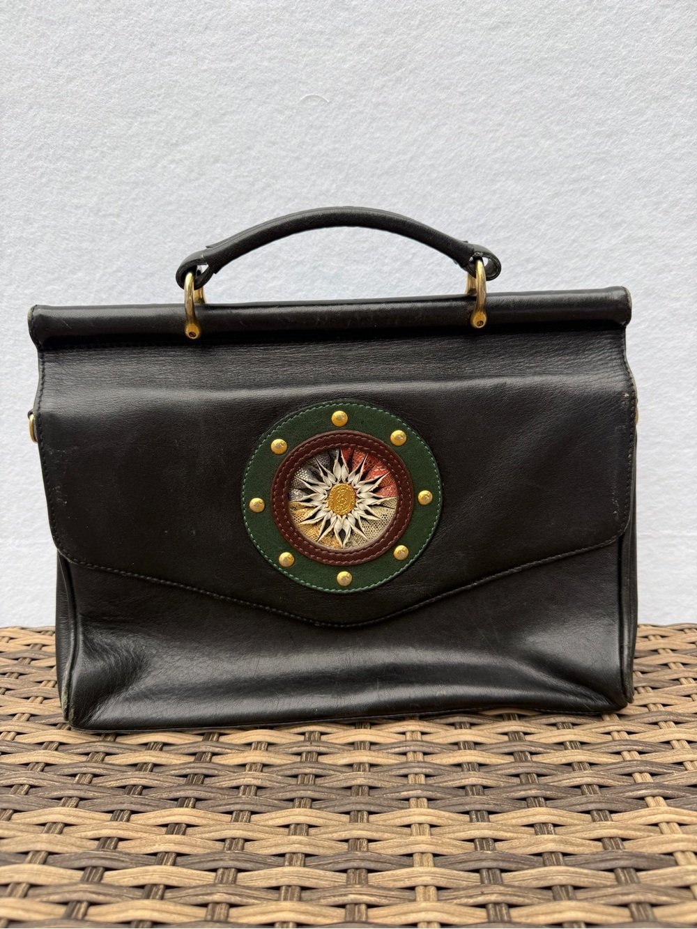 Vintage DONNIO Black Leather Handbag Sunburst Top Handle Satchel Purse